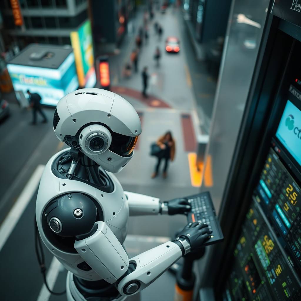 High angle candid street photography a futuristic AI robot working on a server in an urban scene, spontaneous candid moment, elevated perspective looking down